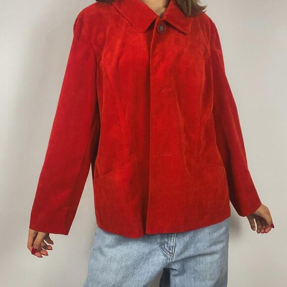 Vintage 90s Red Faux Ribbed Suede Button-Up Jacket Blazer Top - Picture 1 of 6